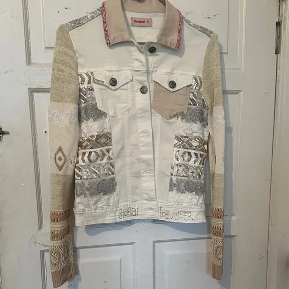 Desigual Women's Artistic Patchwork Jean Jacket - Cream and Gray - Picture 1 of 13